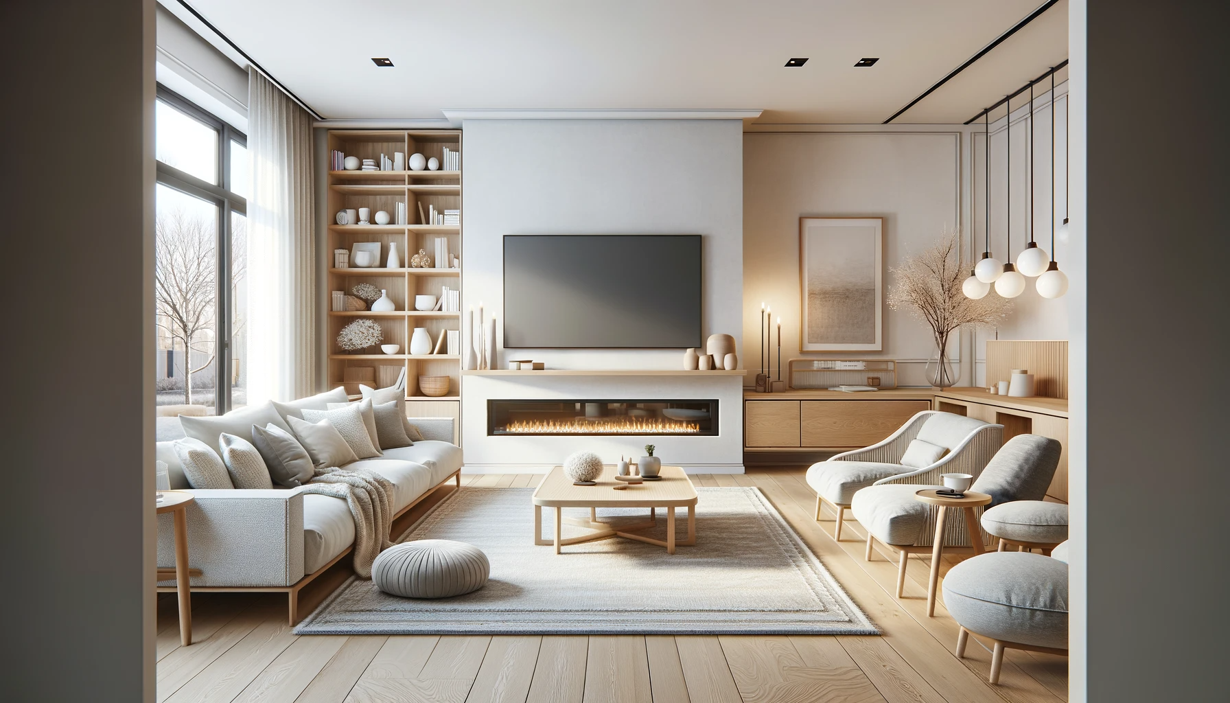 Contemporary living room with built-in storage and fireplace