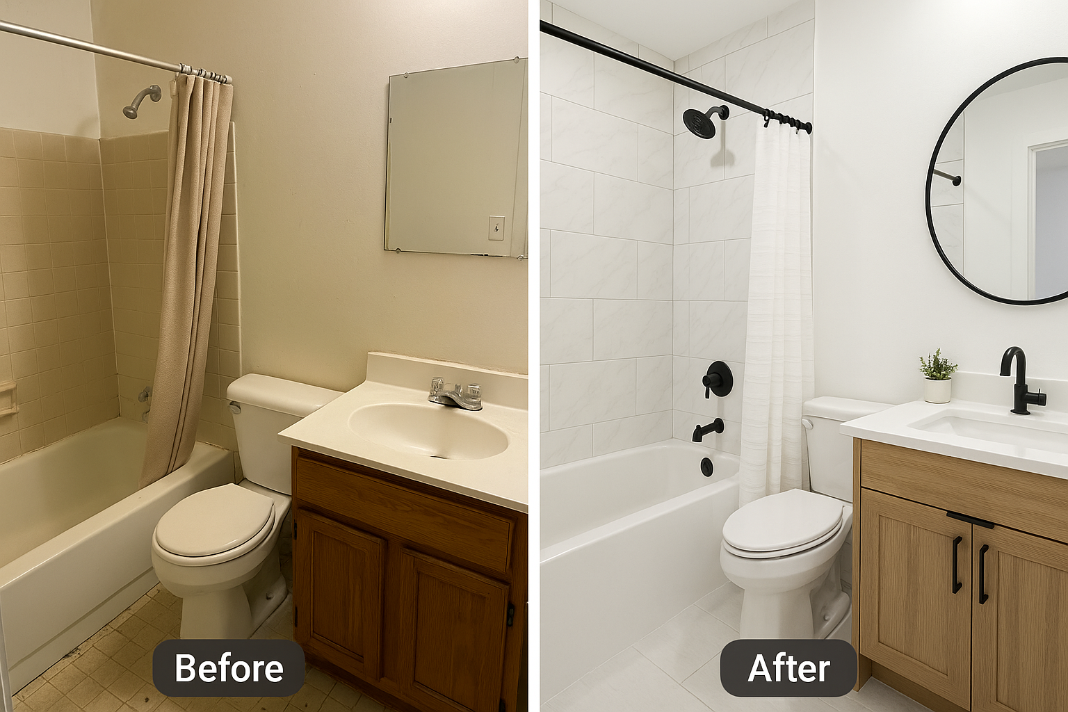 Bathroom renovation before and after - Modern white design with black fixtures