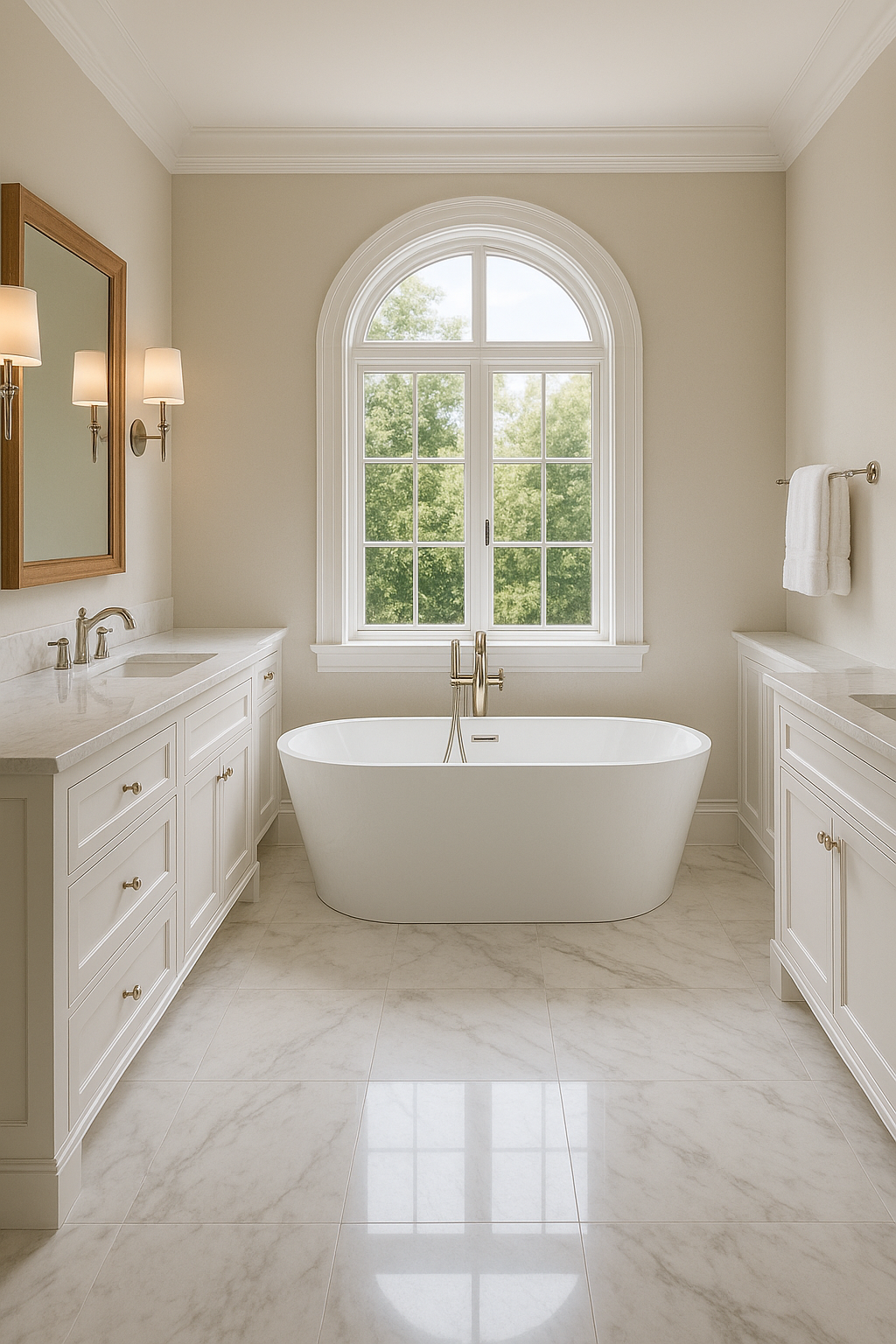 Luxury bathroom renovation with freestanding tub and dual vanities