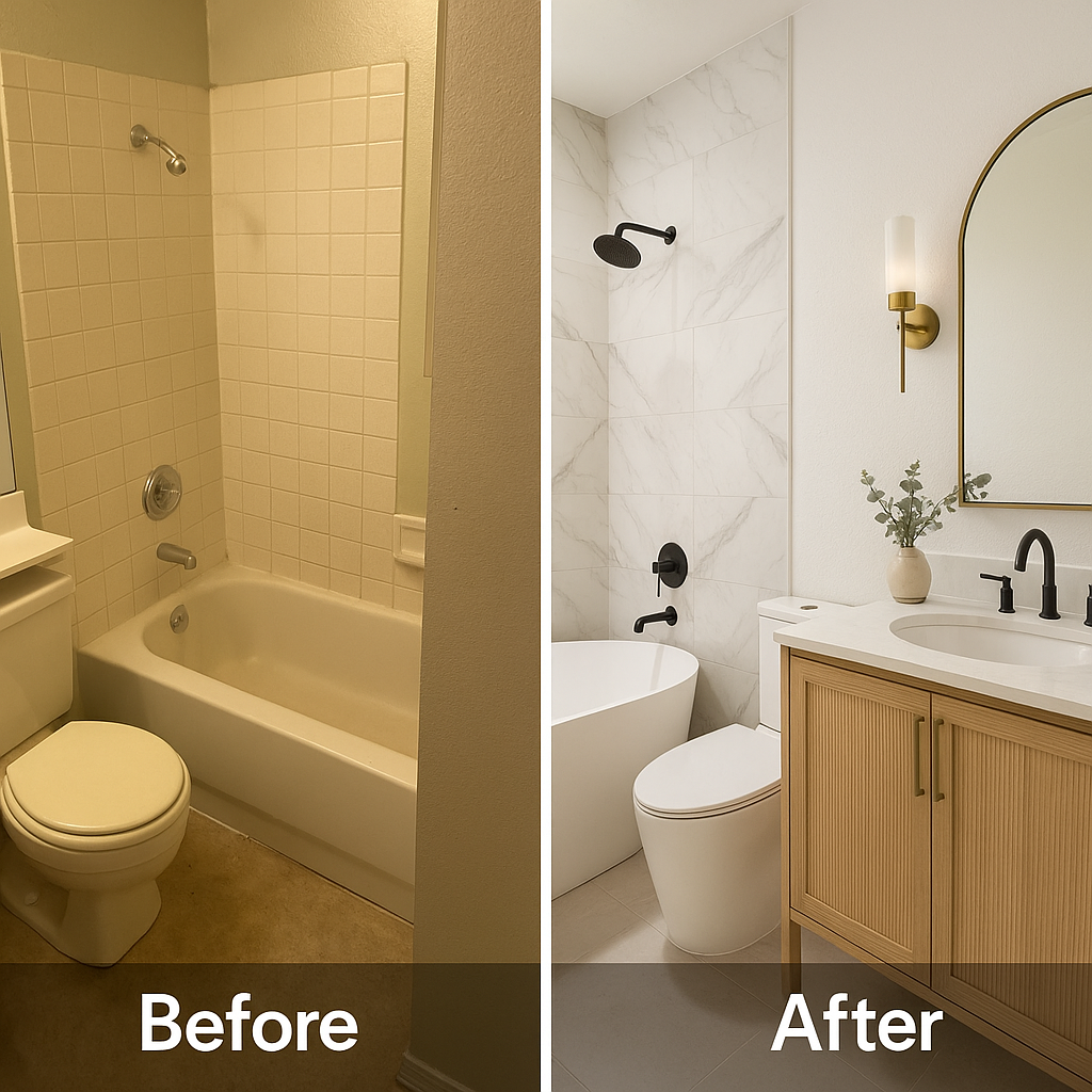 Bathroom renovation before and after - Modern white tile with wood vanity