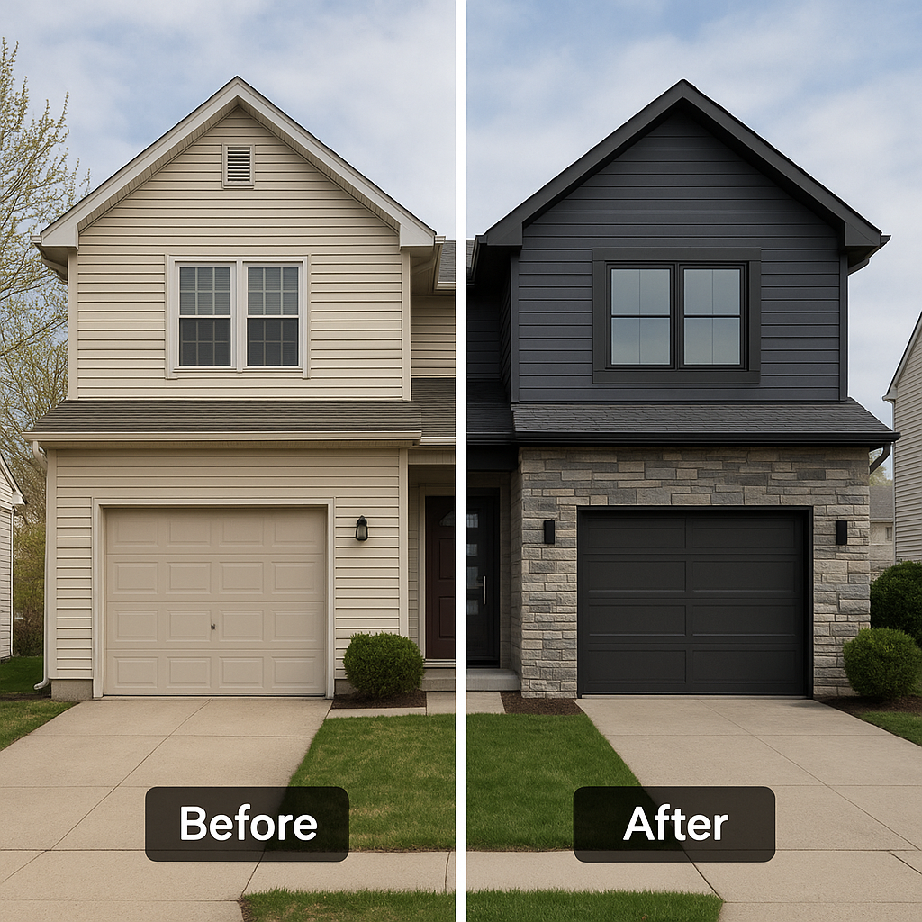 Home exterior transformation before and after - tan to modern dark siding with stone veneer