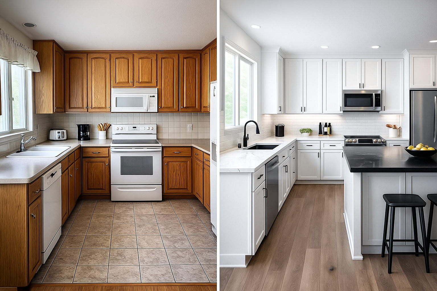 Kitchen renovation before and after - modern white kitchen with island