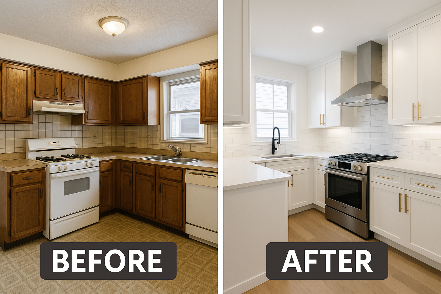 Kitchen renovation before and after - white cabinets with gold hardware