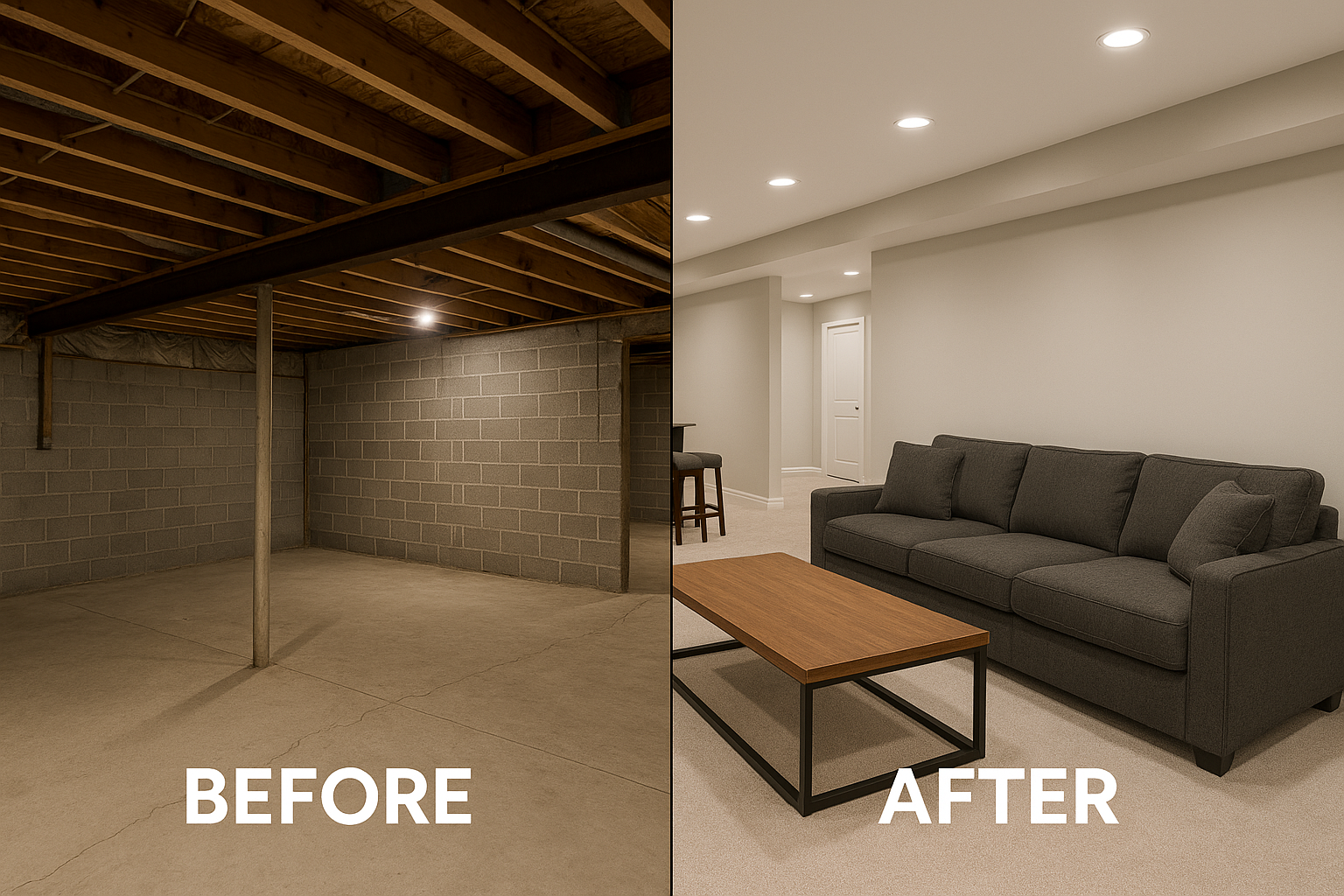 Before and after basement finishing - exposed joists to modern living room
