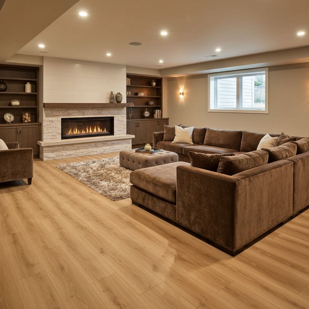 Modern finished basement with cozy lighting